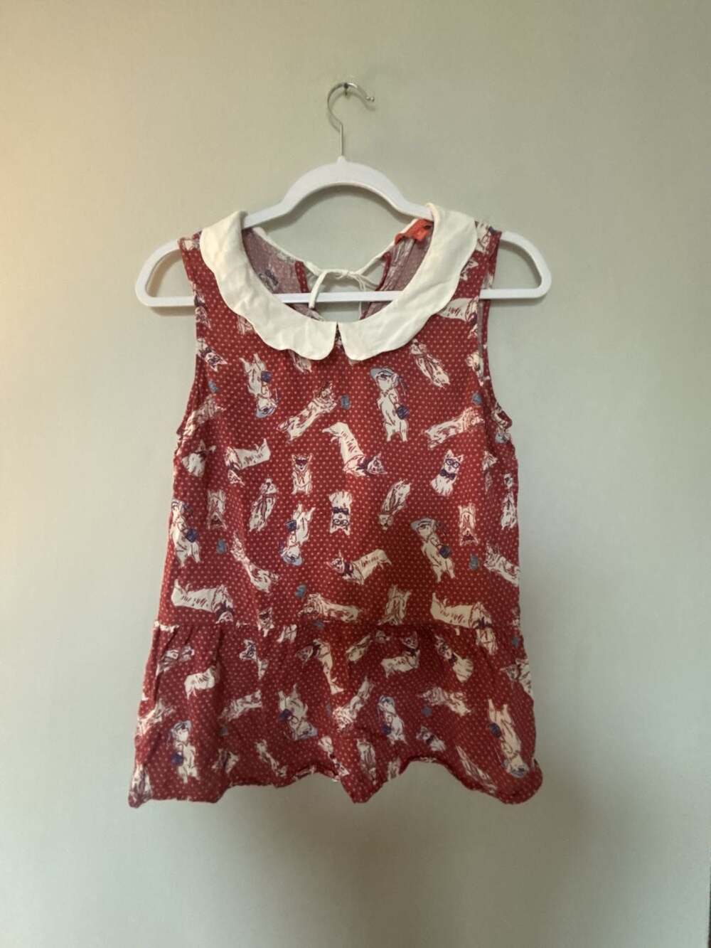ModCloth Red Dog Print Ruffled Tank Top with Peter Pan Collar